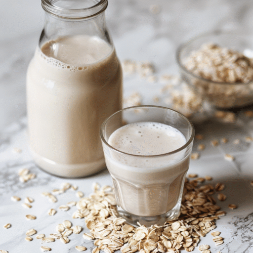 Bottle and glass of homemade vegan oat milk with oats scattered on table