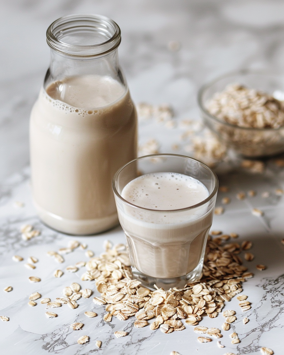 Bottle and glass of homemade vegan oat milk with oats scattered on table