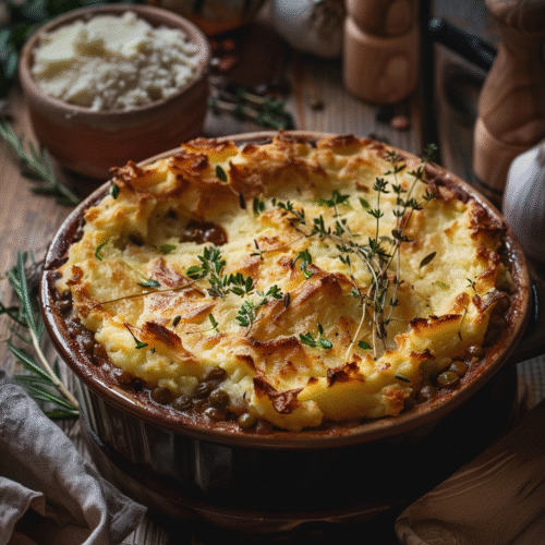 Vegan shepherd’s pie topped with golden mashed potatoes