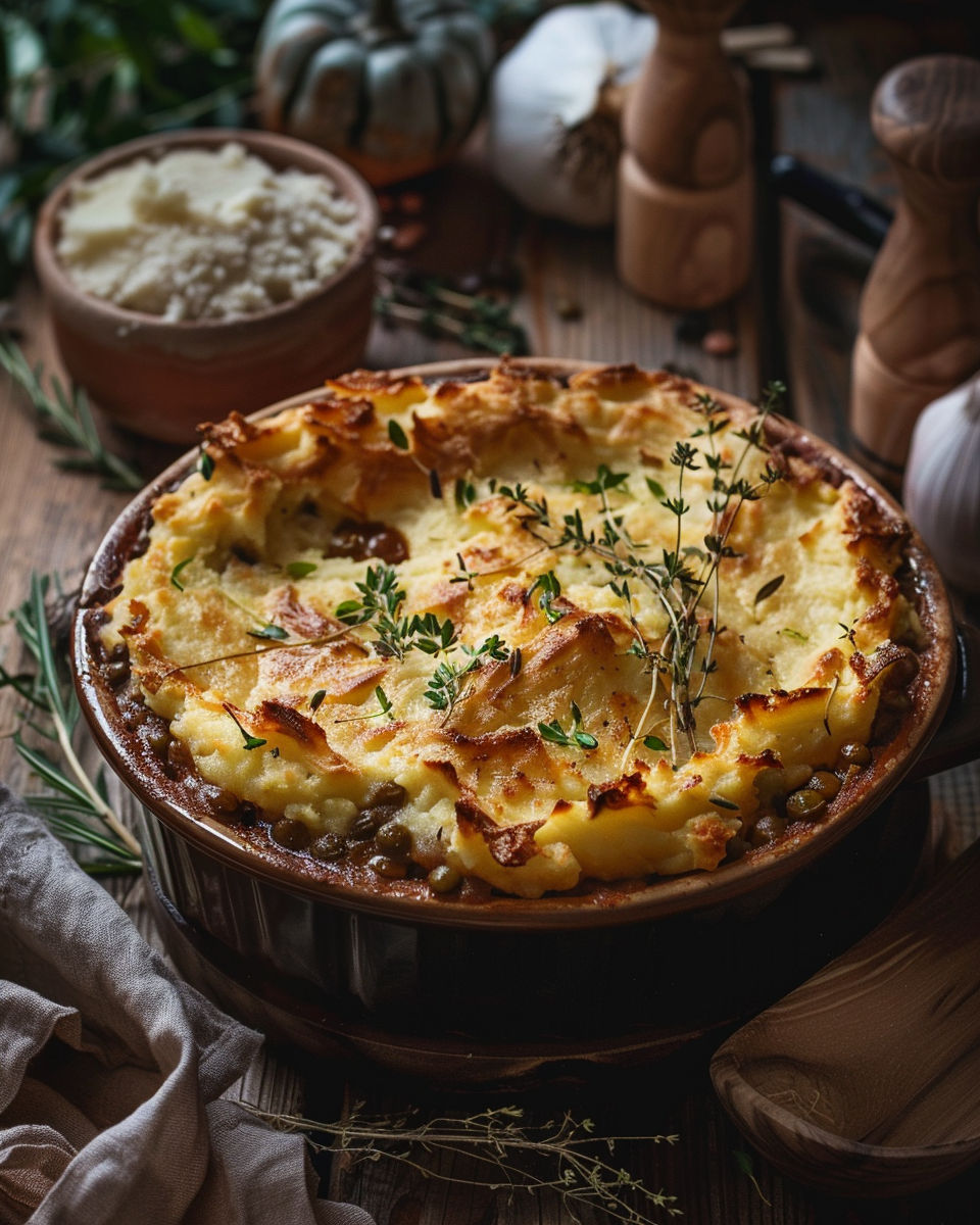 Vegan shepherd’s pie topped with golden mashed potatoes