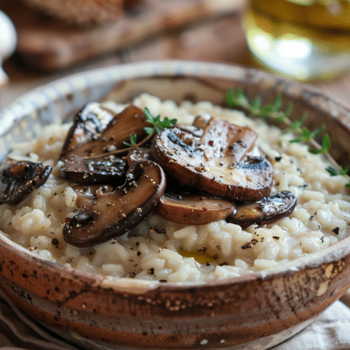Vegan mushroom risotto in a bowl topped with fresh parsley.