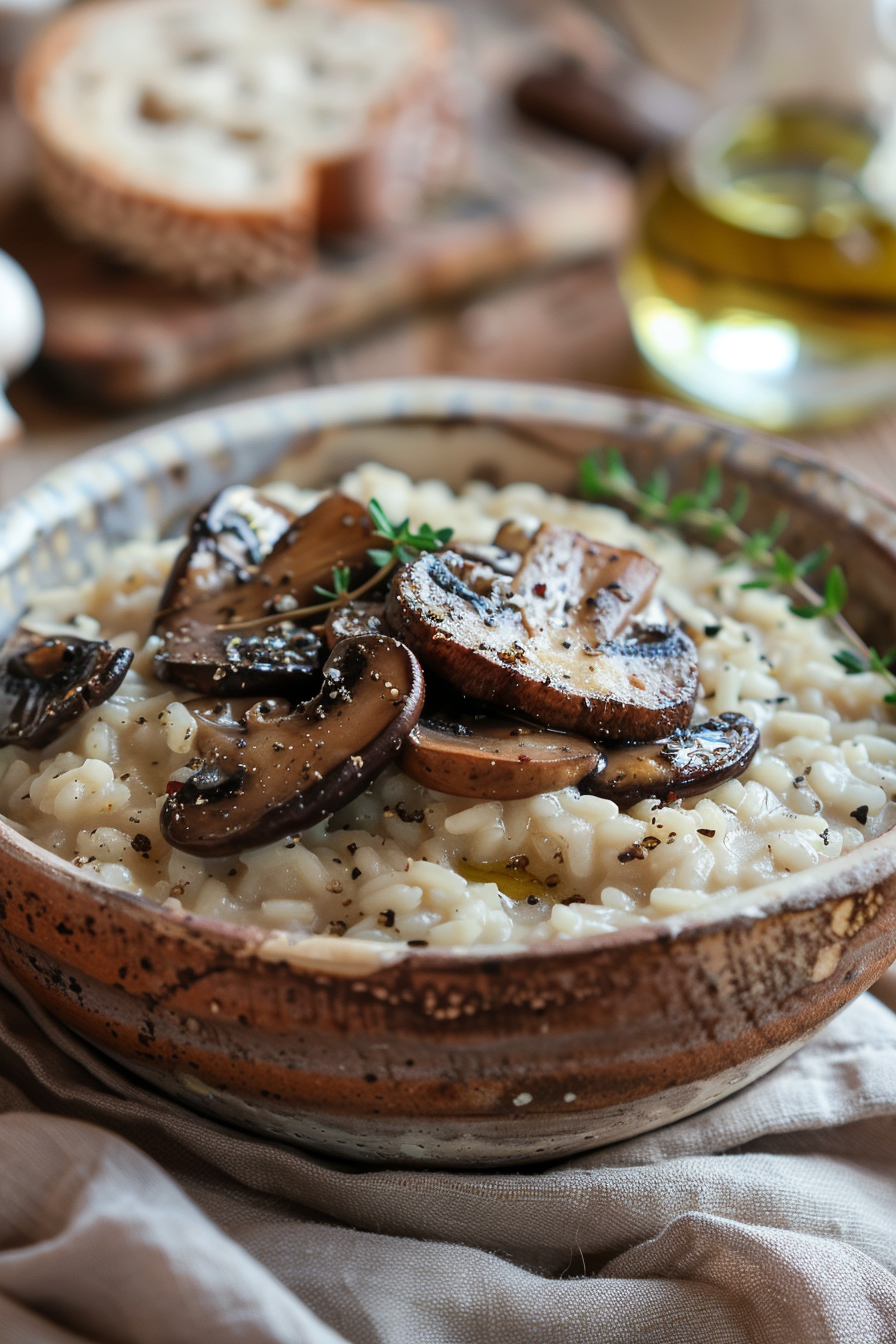 Vegan mushroom risotto in a bowl topped with fresh parsley.