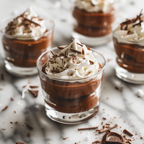 Glass cups of vegan chocolate mousse with whipped topping