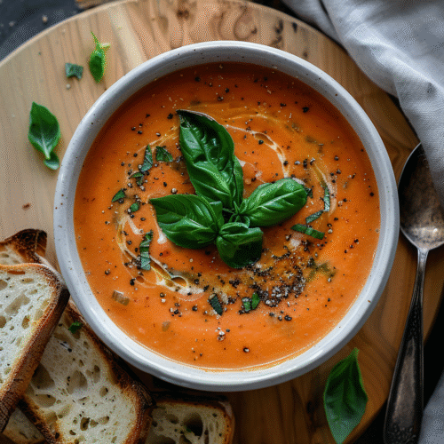 Bowl of vegan tomato basil soup with garlic bread