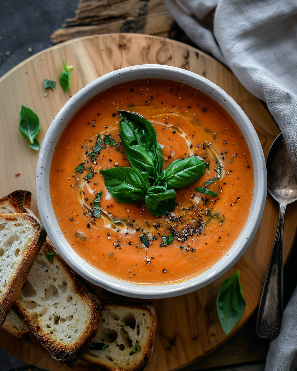 Bowl of vegan tomato basil soup with garlic bread