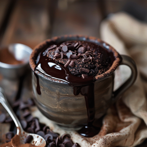 Vegan chocolate mug cake in a ceramic mug with melted chocolate on top