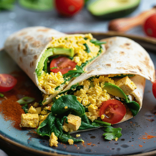 Vegan tofu scramble wrap cut in half showing avocado and veggies