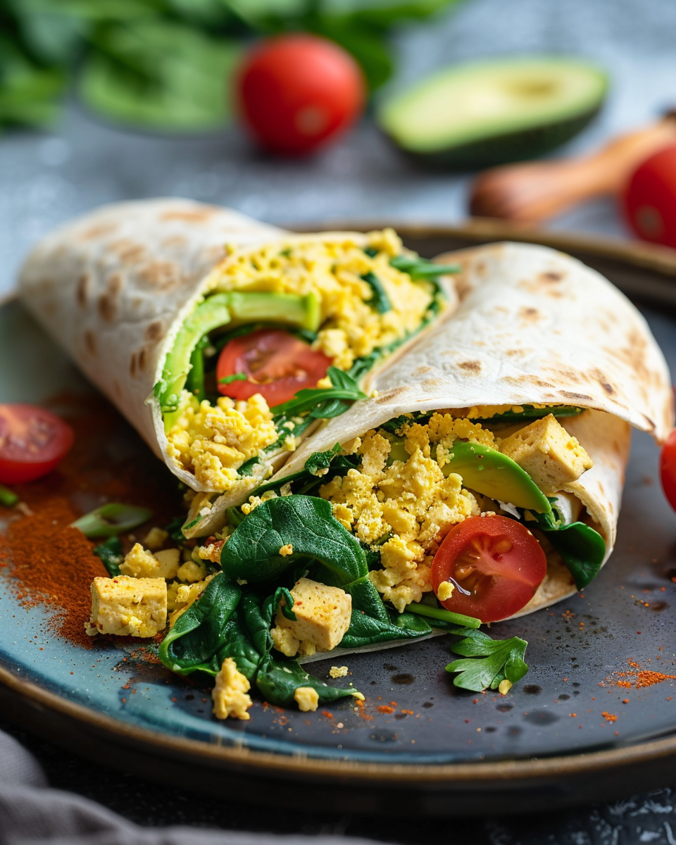 Vegan tofu scramble wrap cut in half showing avocado and veggies