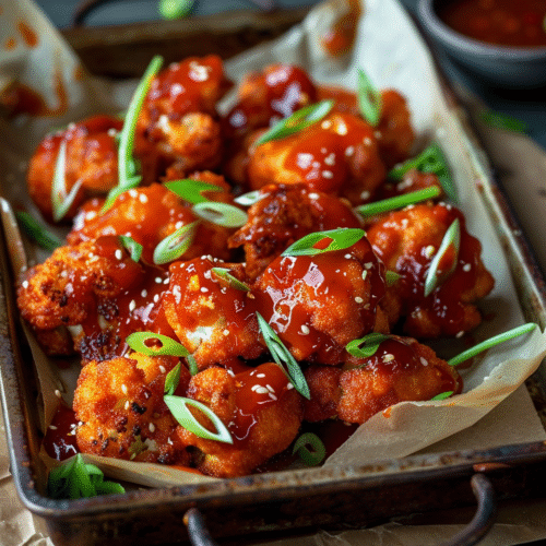 Crispy vegan cauliflower wings coated in sweet-spicy sauce