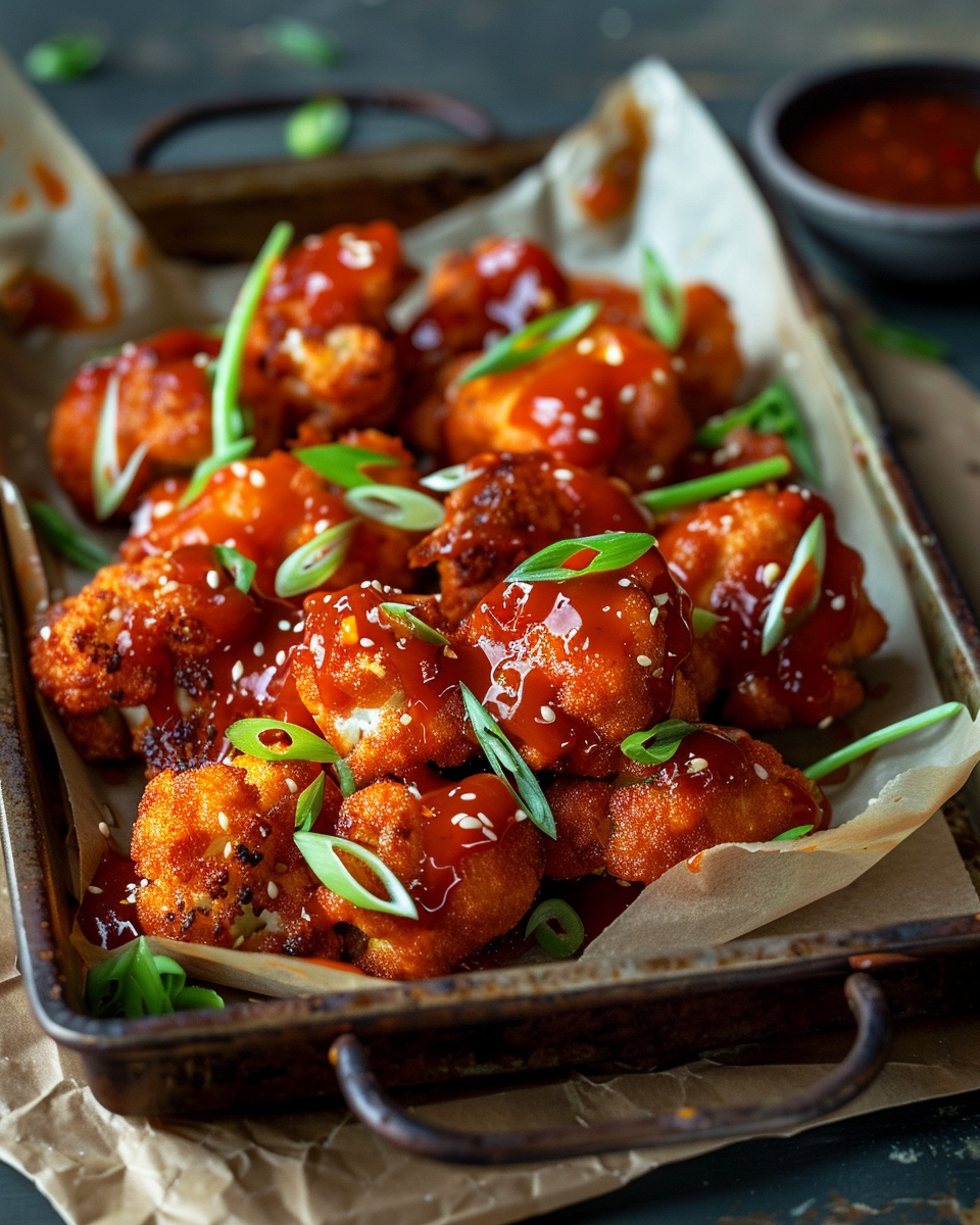 Crispy vegan cauliflower wings coated in sweet-spicy sauce
