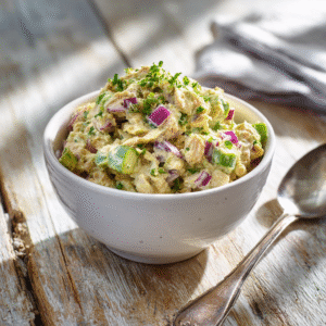 Chickpea “tuna” salad served in a bowl.