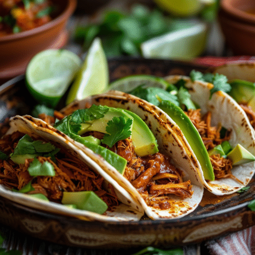 Vegan jackfruit tacos with avocado and lime wedges