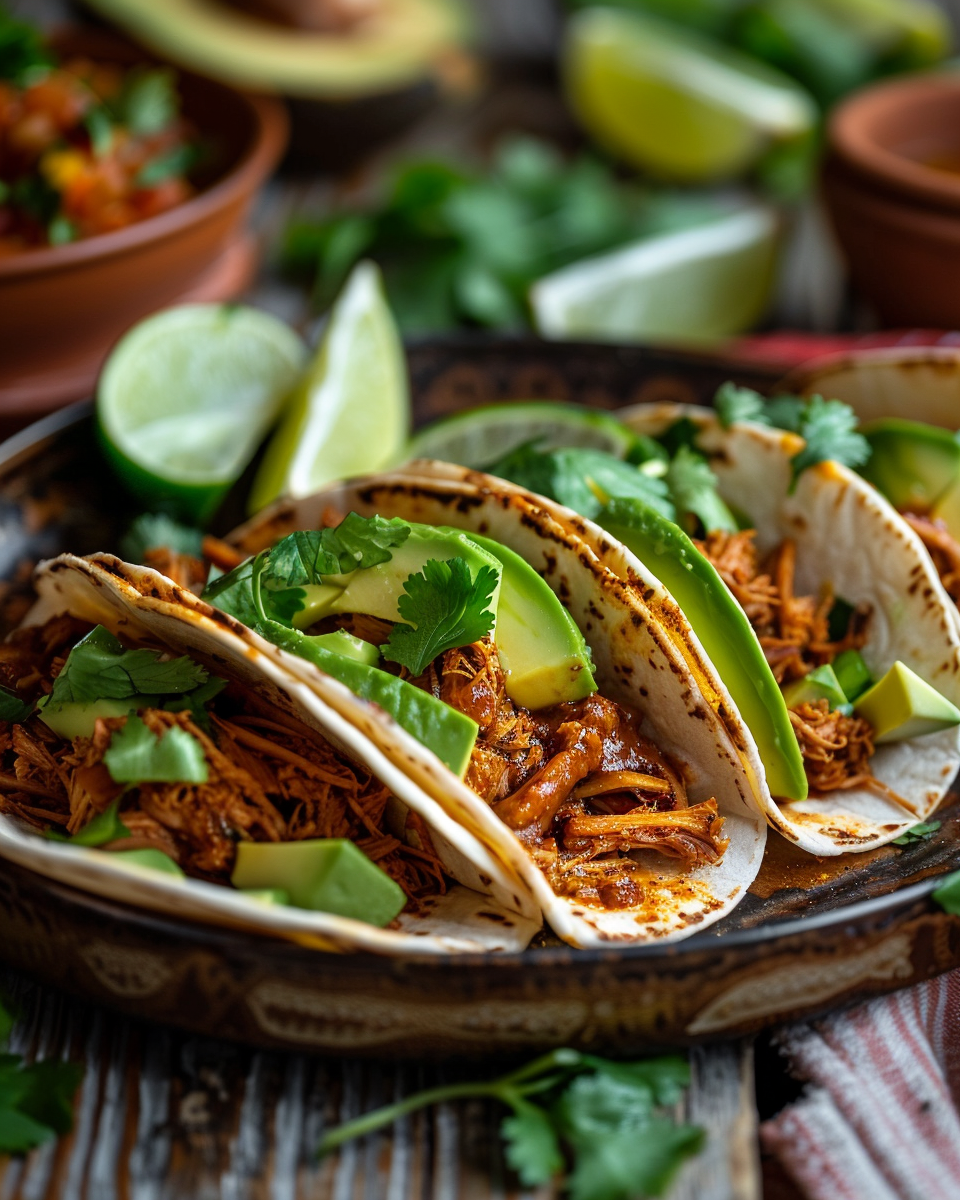 Vegan jackfruit tacos with avocado and lime wedges