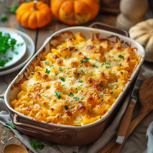 Vegan pumpkin pasta bake with golden cheesy top