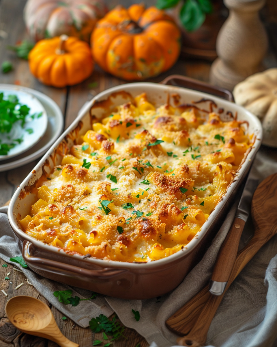 Vegan pumpkin pasta bake with golden cheesy top