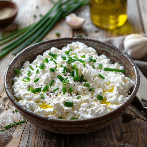 Bowl of vegan cottage cheese topped with chives.