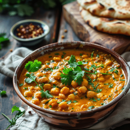 Bowl of vegan chickpea curry with naan bread and fresh cilantro garnish.