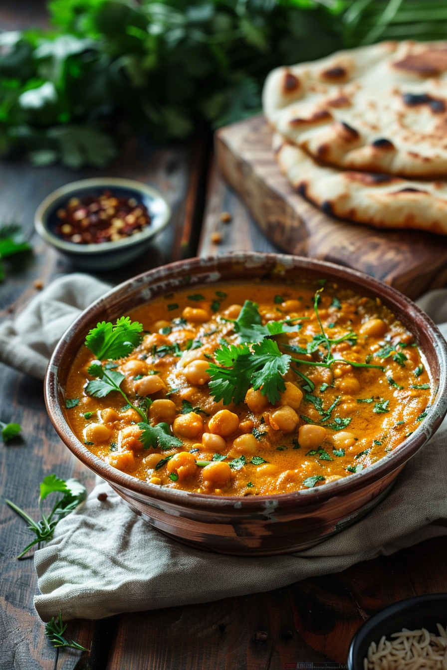 Bowl of vegan chickpea curry with naan bread and fresh cilantro garnish.