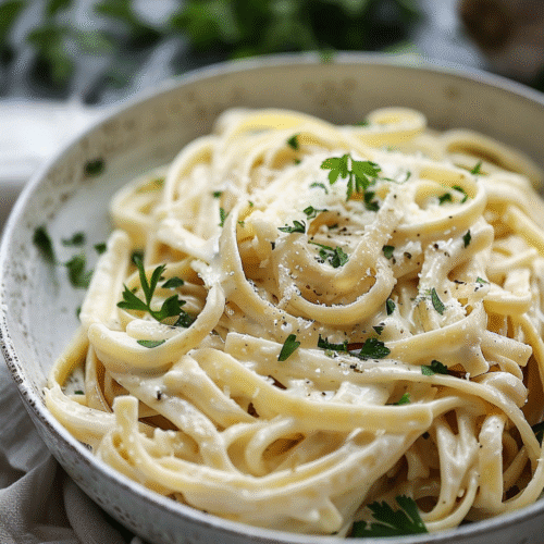 Bowl of creamy vegan cashew alfredo pasta topped with fresh parsley.