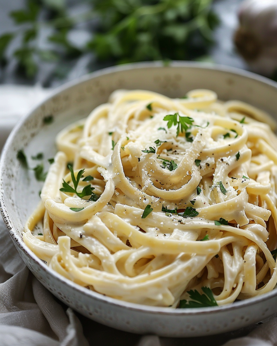 Bowl of creamy vegan cashew alfredo pasta topped with fresh parsley.