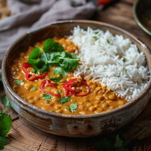 Bowl of creamy coconut lentil curry garnished with fresh cilantro.