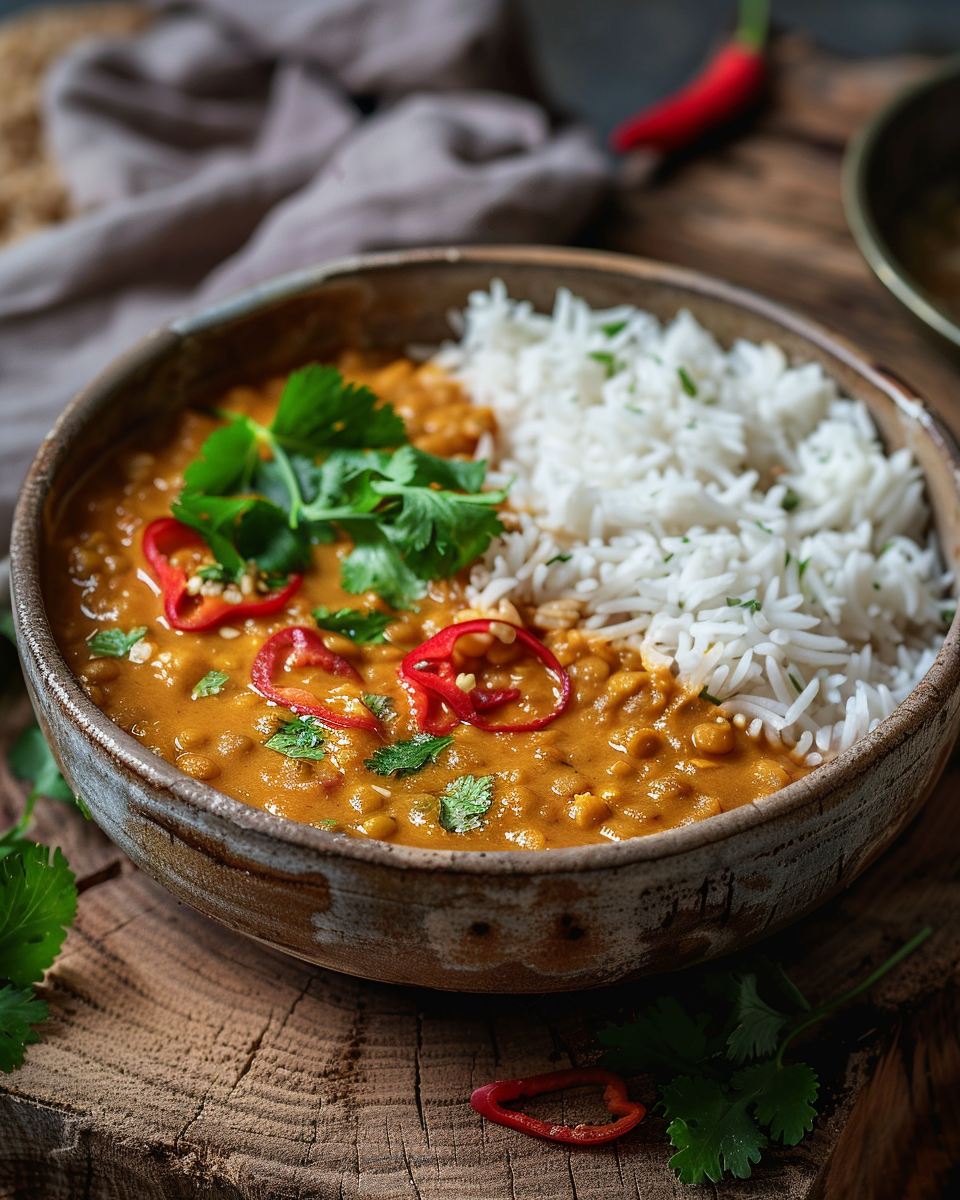 Bowl of creamy coconut lentil curry garnished with fresh cilantro.