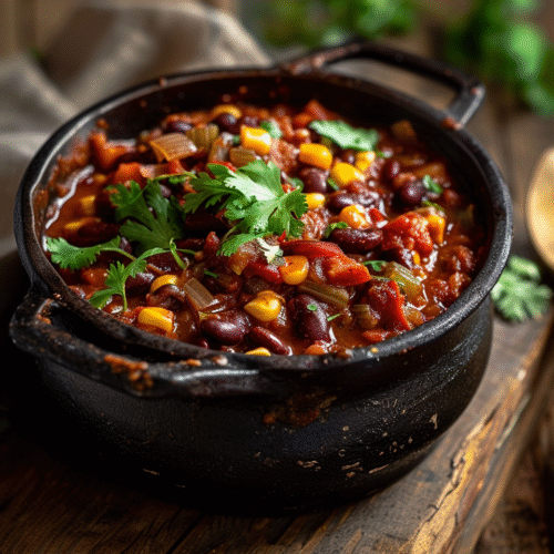 Bowl of hearty vegan chili with beans and corn.