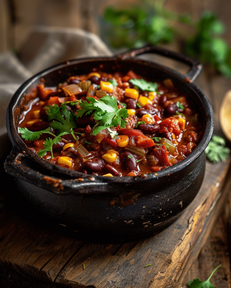Bowl of hearty vegan chili with beans and corn.
