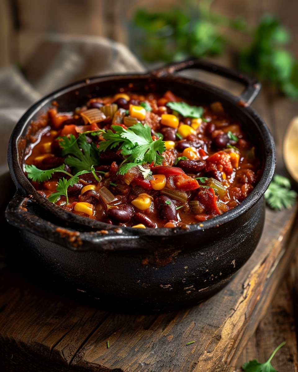 Bowl of hearty vegan chili with beans and corn.