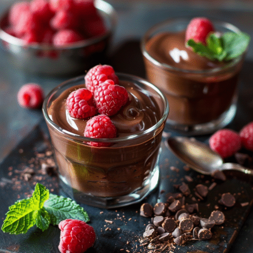 Vegan chocolate avocado mousse in a glass topped with fresh berries.