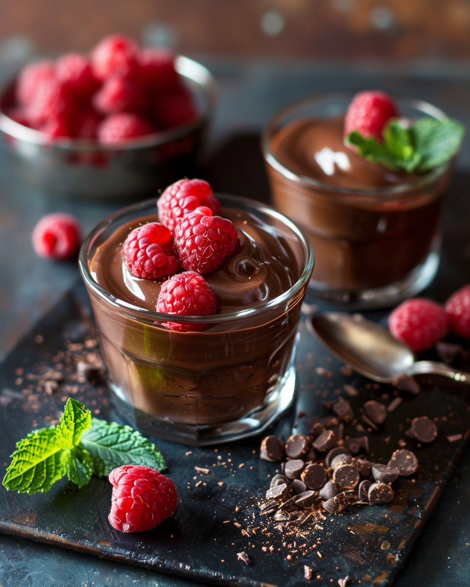 Vegan chocolate avocado mousse in a glass topped with fresh berries.