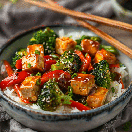 Vegan spicy garlic tofu stir-fry with vegetables in a white bowl.