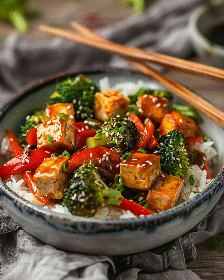 Vegan spicy garlic tofu stir-fry with vegetables in a white bowl.
