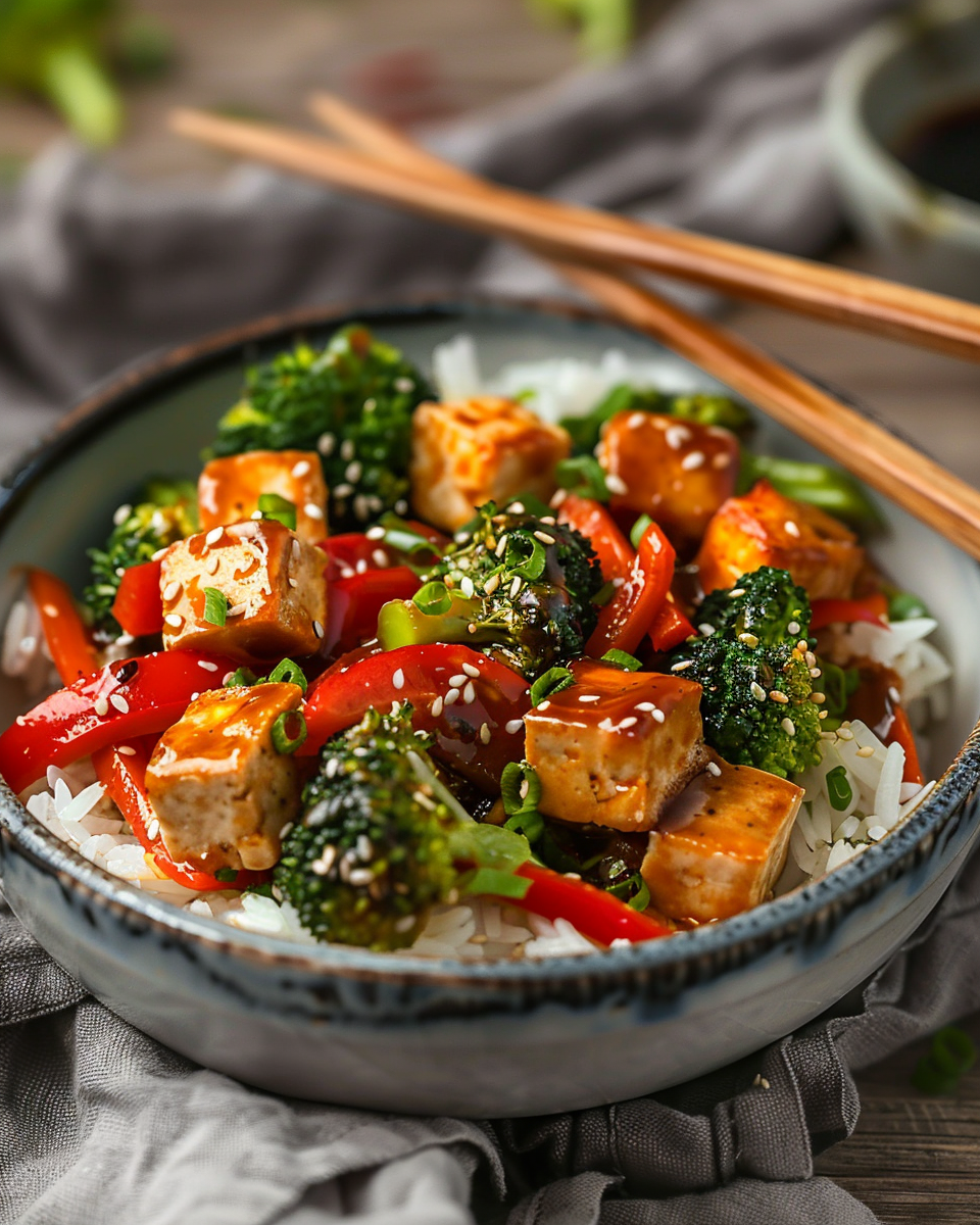 Vegan spicy garlic tofu stir-fry with vegetables in a white bowl.