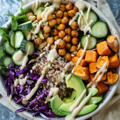 Colourful vegan buddha bowl with quinoa, roasted vegetables, and tahini dressing.