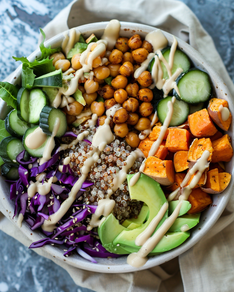 Colourful vegan buddha bowl with quinoa, roasted vegetables, and tahini dressing.