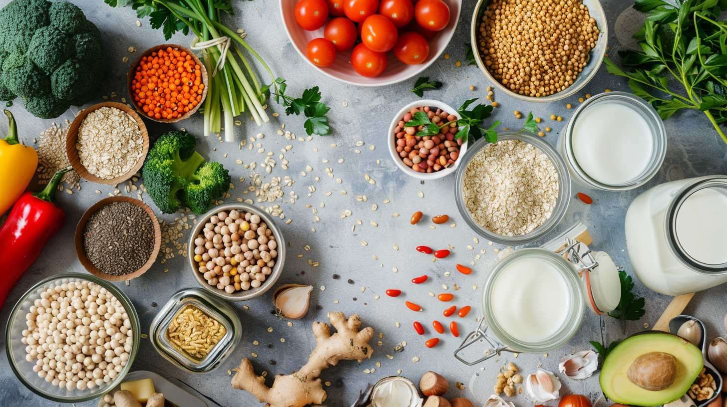 Fresh vegetables, grains, legumes, nuts, seeds, and plant-based milk arranged on a bright kitchen counter.