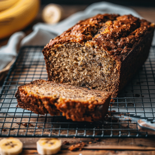 Sliced vegan banana bread on a rack