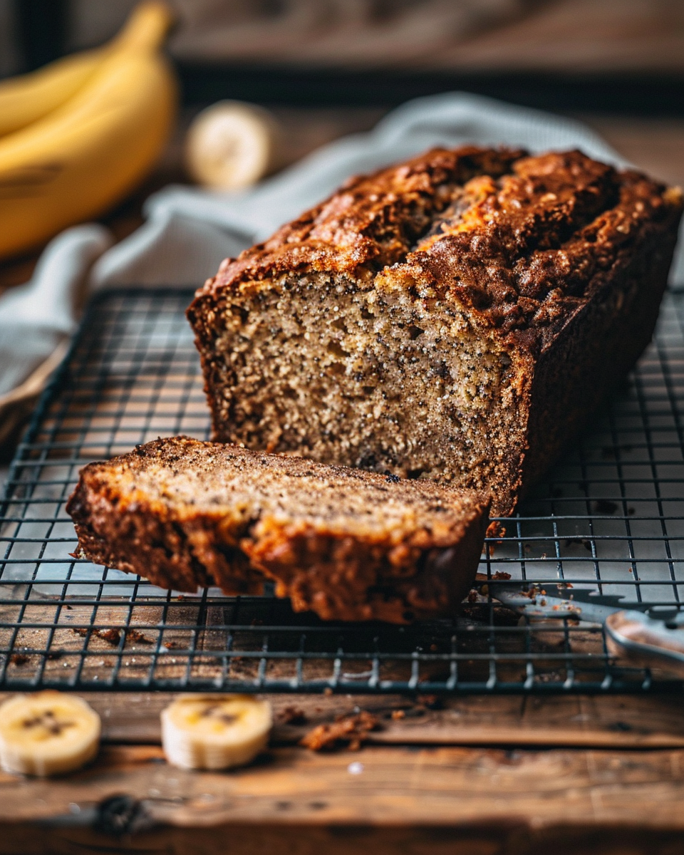 Sliced vegan banana bread on a rack