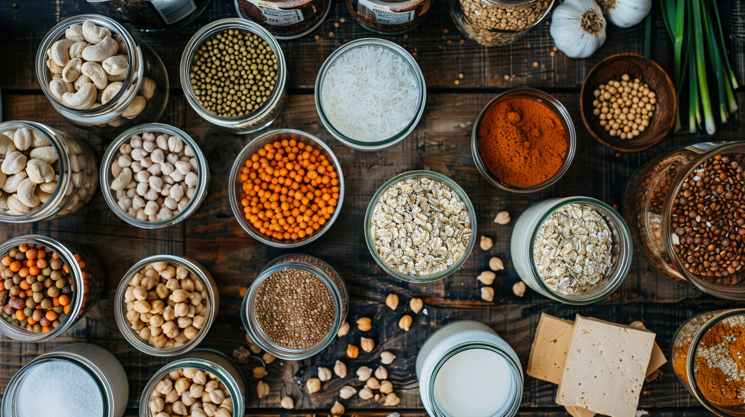 Flat lay of vegan pantry staples including chickpeas, lentils, quinoa, oats, tofu, cashews, coconut milk, and spices arranged on a rustic wooden table.