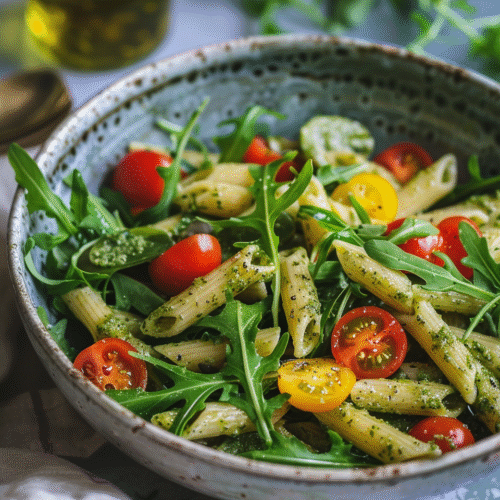 Vegan pesto pasta salad with tomatoes and rocket