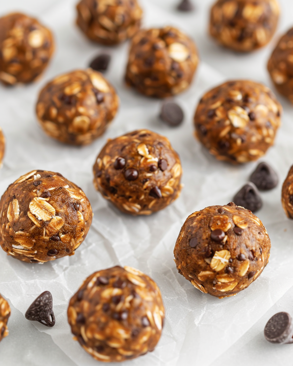 No-bake peanut butter oat energy balls on parchment