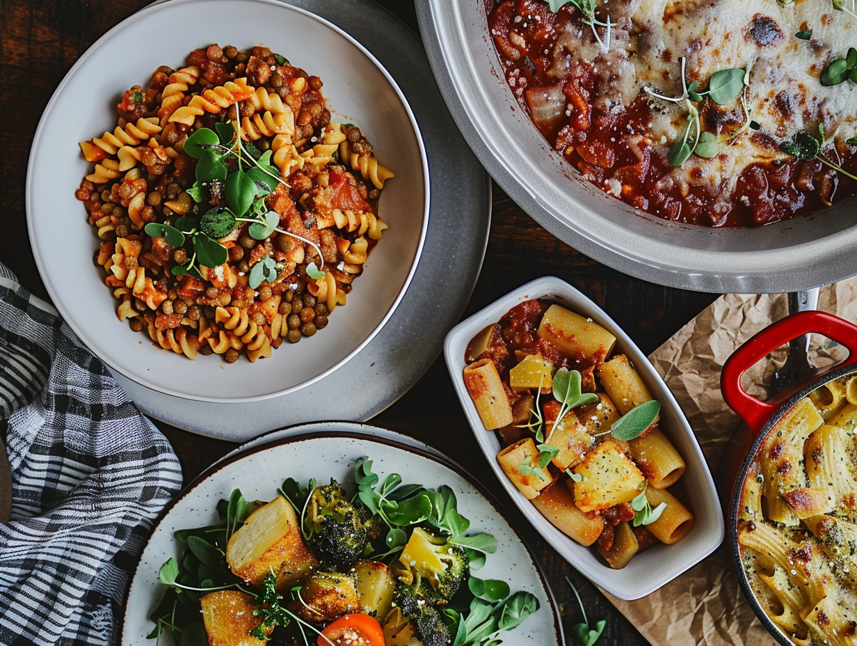 A bowl of lentil curry, a plate of pasta with tomato sauce, and a potato bake on a wooden table.