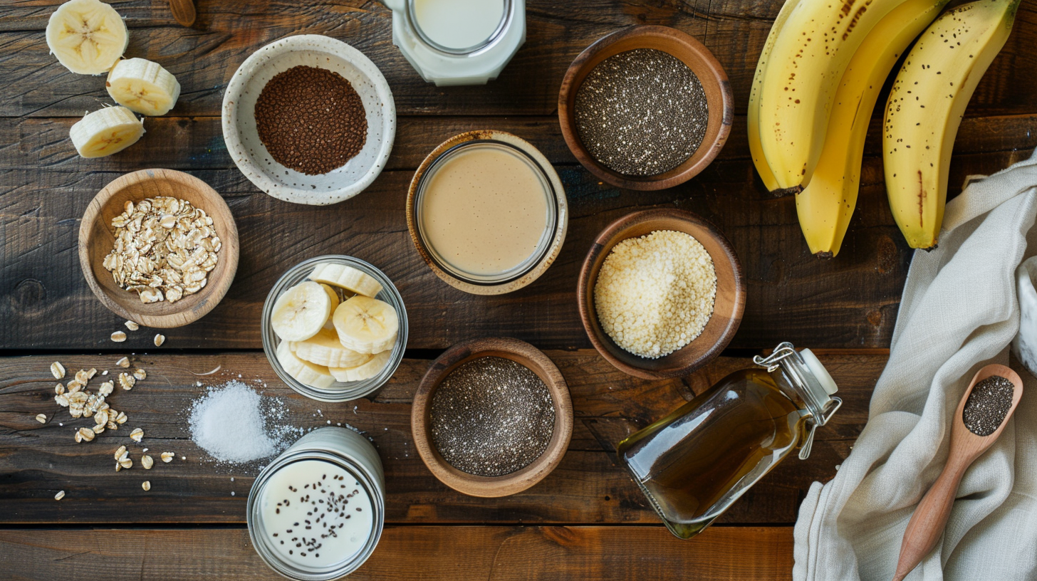 Bowls of flaxseed, applesauce, oat milk, coconut oil, and bananas on a wooden table.