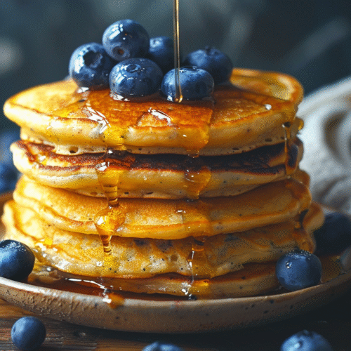 Stack of fluffy vegan blueberry pancakes with maple syrup