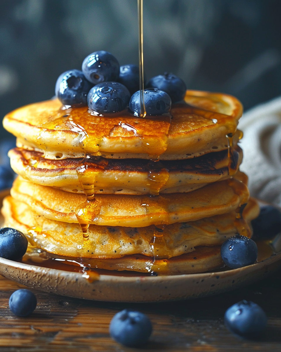 Stack of fluffy vegan blueberry pancakes with maple syrup