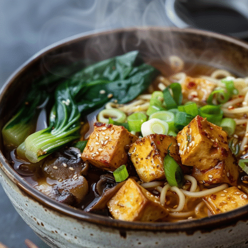 A steaming bowl of vegan ramen with miso broth, noodles, crispy tofu, bok choy, mushrooms, and spring onions