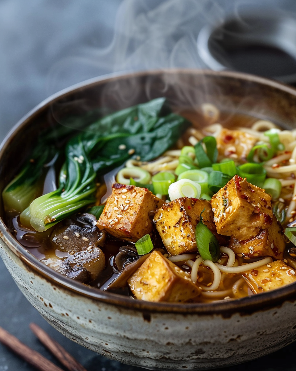 A steaming bowl of vegan ramen with miso broth, noodles, crispy tofu, bok choy, mushrooms, and spring onions