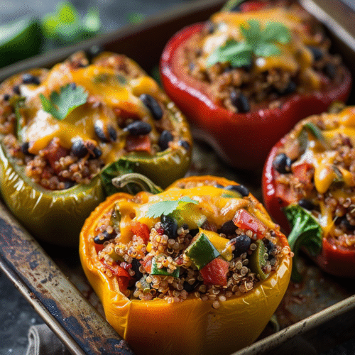 Colourful bell peppers stuffed with quinoa, black beans, and vegetables, baked until tender with melted vegan cheese