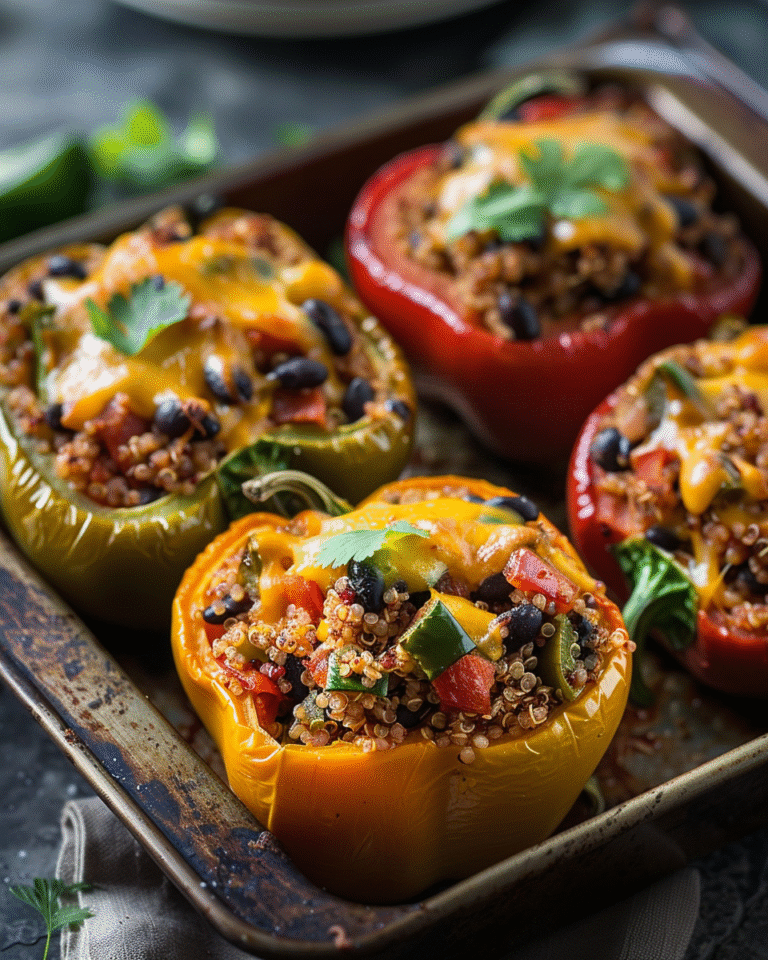 Colourful bell peppers stuffed with quinoa, black beans, and vegetables, baked until tender with melted vegan cheese